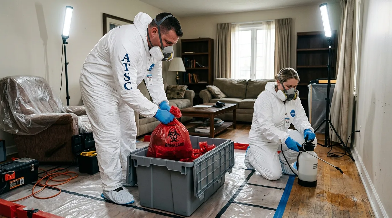 Professional Biohazard Cleanup technician in full PPE working in Oxon Hill